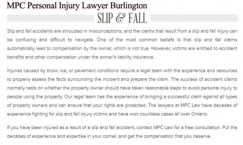 MPC Personal Injury Lawyer
8-2465 Walkers Line
Burlington, ON L7M 4K4
(800) 299-0342

https://mpclaw.ca/Burlington.html