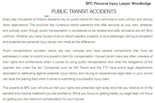 BPC Personal Injury Lawyer
204-3582 Major MacKenzie Dr W
Woodbridge, ON L4H 3T6
Canada
(800) 947-0548

https://bpclaw.ca/Woodbridge.html